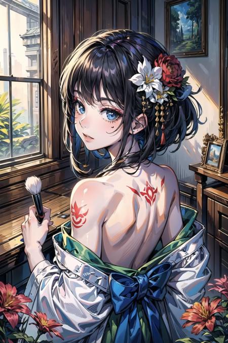 (masterpiece, top quality, best quality, official art, beautiful and aesthetic:1.2),1girl, tattoo, solo, japanese clothes,  hair ornament, unsheathing, black hair, sheath, back tattoo, blue eyes,  off shoulder, bare shoulders, looking back, from behind, flower, looking at viewer,  holding, makeup,
indoor,