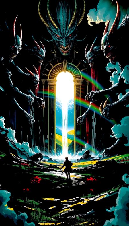  score_9, score_8_up, score_7_up, score_6_up, 8k, hd, master piece. A dimensional magic portal, set vertically, to a magical fairy land, with green fields and rainbows. On the front a very dark and full of demons scenario. Very wide shot. There's a person running to the portal as escaping from something. Mystic, abstract, fantasy, drkfnts style  embedding:badhandv4.pt   embedding:easynegative.safetensors  nistyle, DGLO style.