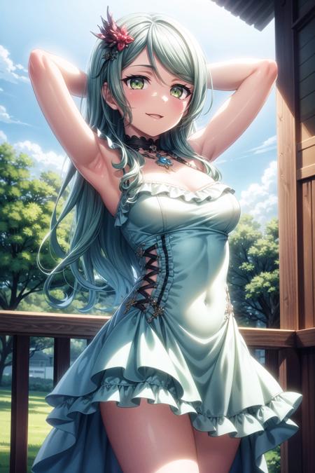 (masterpiece, best quality, ultra-detailed), (illustration), (beautiful detailed eyes), <lora:add_detail:0.8>,
(1girl), (solo), hikawa sayo, long hair, (aqua hair:1.2), (green eyes:1.1), hair ornament, <lora:SayoV1:0.5>
(dress, frills:1.5)
(outdoors, greenary:1.2)
looking the viewer, smile, parted lips, (standing:1.5),  (arms behind head:1.3), (cowboy shot), (soft light:.5)