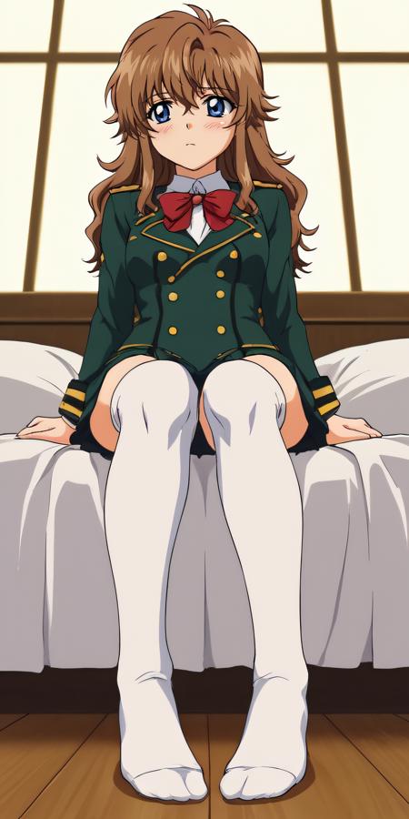  chall, blue eyes, brown hair, hair between eyes, wavy hair red bow, green military uniform, blazer, green jacket, green pleated skirt, white thighhighs