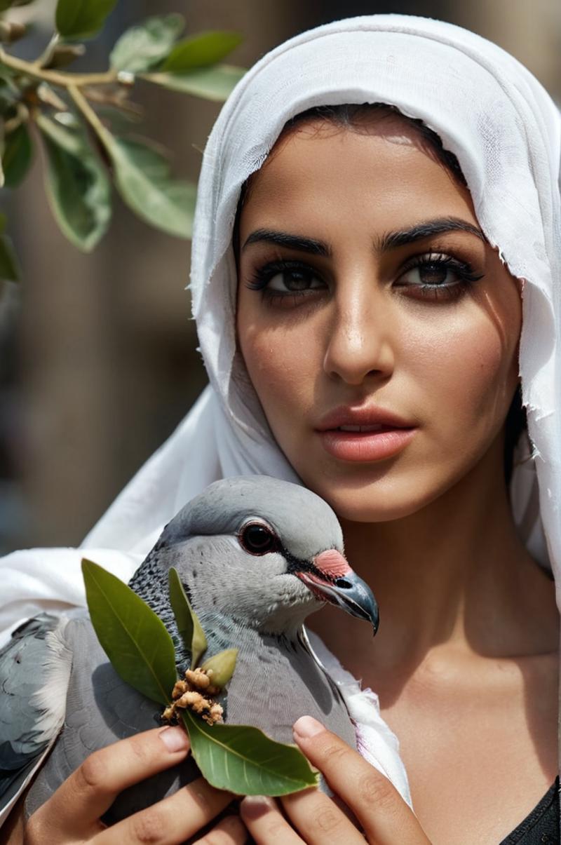 A woman with a bird on her shoulder wearing a white shawl.