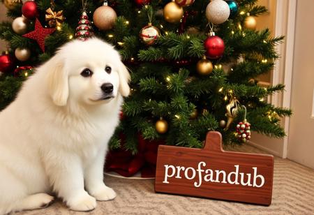 A white fluffy dog by a christmas tree, with a sign saying "profandub"