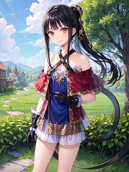 charmimi, 1girl, solo, masterpiece, best quality, gloves, hair ornament, bare shoulders, standing, looking at viewer, black gloves, upper body, black footwear, closed mouth, smile, halterneck, town, forest, cloudy sky, <lora:mimi1a-000014:0.8>