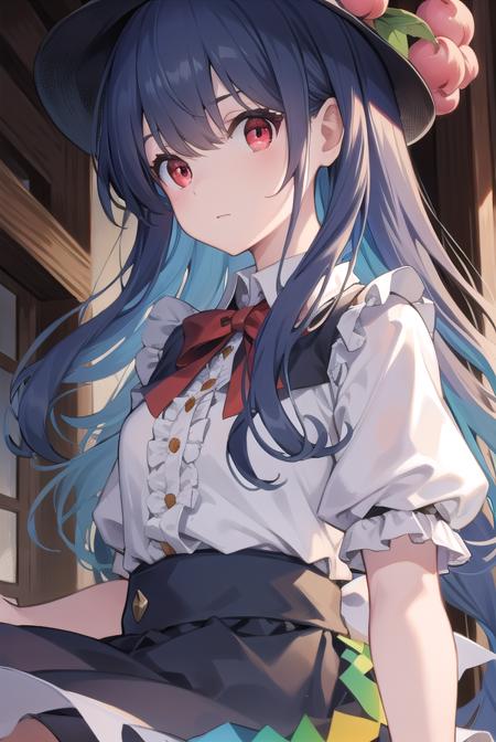 tenshi hinanawi, long hair, bangs, (red eyes:1.5), blue hair, skirt, shirt, hat, bow, white shirt, short sleeves, boots, frills, food, puffy sleeves, bowtie, apron, puffy short sleeves, blue skirt, black headwear, fruit, leaf, brown footwear, frilled skirt, cross-laced footwear, peach, (rainbow order:1.5),