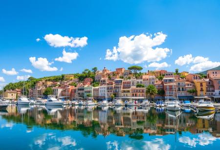 "A vibrant, sun-drenched harbor scene unfolds under a brilliant blue sky dotted with fluffy white clouds. Numerous boats of varying sizes, predominantly white with wooden accents, are moored peacefully in the calm, reflective water. The still surface perfectly mirrors the sky and the charming, colorful buildings that cascade down the gentle slopes of the hillside behind. These structures exhibit a pleasing mix of traditional and modern architecture, painted in warm hues of ochre, terracotta, cream, and muted greens, with tiled roofs adding to their picturesque appeal. Lush green trees are interspersed among the buildings, providing a verdant contrast. The overall impression is one of tranquility and beauty, a quintessential Mediterranean coastal town vista bathed in clear, natural light, inviting peaceful contemplation."