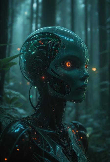 Ultrarealistic. sharp focus, dynamic lighting. play of light, reflection, refraction, Raytracing, Ultra detailed. Alien themed. Alien scenery. alien scenery background. alienworld. A gorgeous female robot in an alien forest. surrounded by ice.enchanting, cosmic, celestial, ethereal, vibrant flora, magical, luminous, serene, dreamy, radiant, bioluminescent, intricate details, surreal, enchanted forest