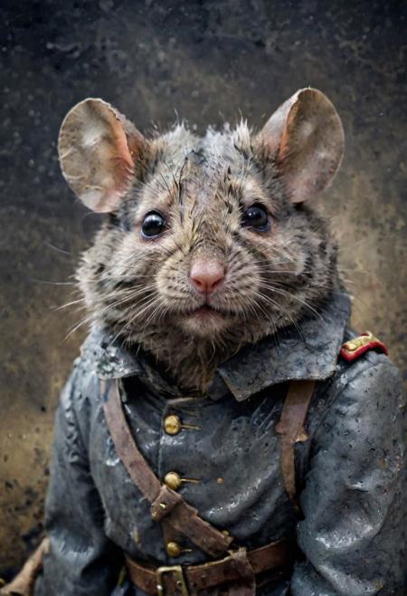 close up shot of the mouse World War I russian soldier, wet dark grey fur, dirt,  grunge uniform, grotesque background, extremely beautiful, grunge photography style, hyper-realistic, National Geographic award photography, 4K, high definition, high resolution
