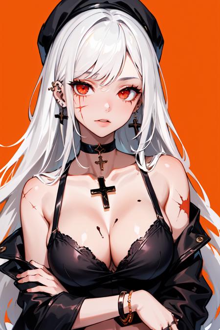 ((masterpiece:1.4, best quality:1.2)), toned, 1girl with long hair, 1girl, black hair, solo, very long hair, white hair, jewelry, scar, scar on face, cleavage, red eyes, simple background, looking at viewer, ringed eyes, choker, bracelet, orange background, scar on cheek, piercing, earrings, cross scar,