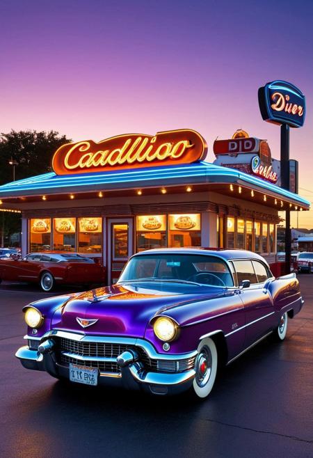 A nostalgic yet futuristic scene: a 1950s Cadillac Eldorado made of cd's, its body seamlessly crafted from reflective CDs that catch the neon lights of a classic American diner. Parked outside, the car's curves and fins are accentuated by the diner's glowing sign and the dusk sky's purples and oranges. The scene blends retro charm with avant-garde design, creating a vibrant, dreamlike atmosphere.