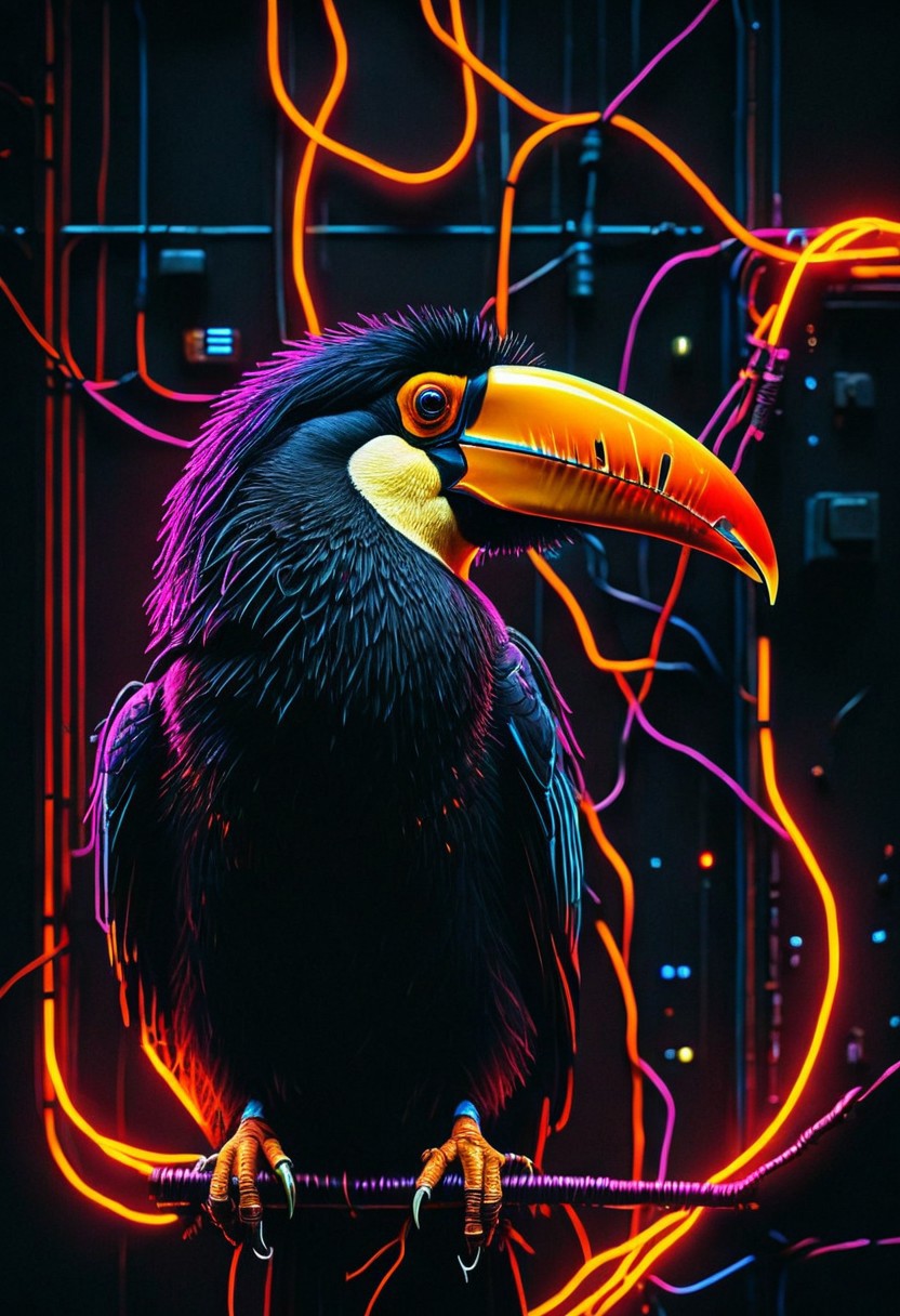D_Ewir3s , Dark electric neon wires,
dark cyberpunk art, cybernetic-toucan.
DnD_Grainyboyz,grainy,noise
