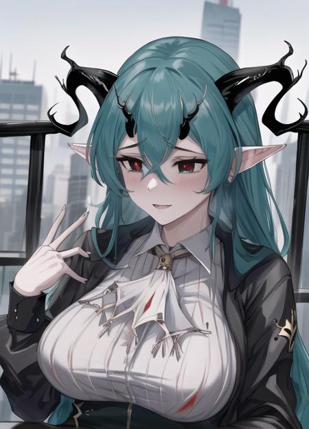 masterpiece, best quality, highres,  1girl,city background, salus , horns, demon horns, four horns, <lyco:salus_v2:0.9>, black sclera, pale skin, red pupils, aqua hair