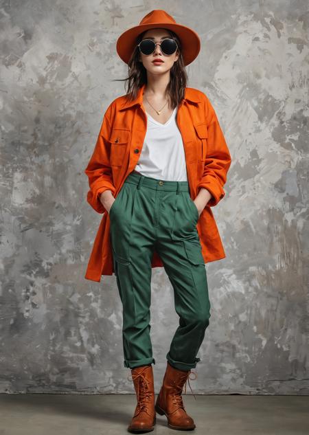 Create a detailed digital illustration in the style of an oil painting, featuring a young woman standing confidently against a warm, textured background with a glowing sun. She wears a wide-brimmed hat with goggles, a loose red jacket over a gray t-shirt, and two-tone cargo pa.nts - one leg orange, the other green - paired with high-top boots with orange laces. Use slightly rough texture and dramatic lighting to highlight the folds of her clothing and the details of her accessories. The colors should be rich and saturated, creating a vivid, dynamic atmosphere. Keep the background minimal and neutral to emphasize the bold and adventurous mood —ar 3:4 —s 1000 —style raw —v 7
 <lora:Dorota_2:1> Dorotanima style <lora:Phandigrams:1> By Phandigrams