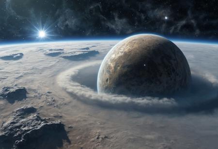 view from space on an ancient planet shrouded in clouds, a dying star in the background