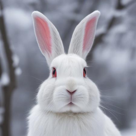 close-up White rabbit with one ear outstretched and one ear down, snowy tree background