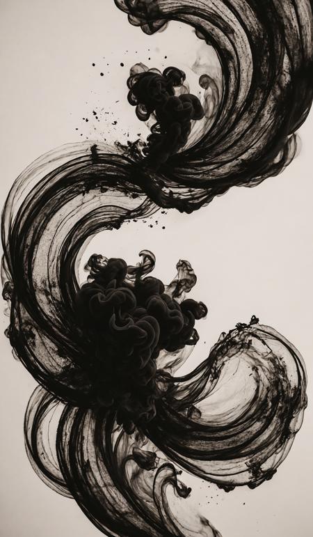 Abstract backdrop with stains of black incense smoke in concentric swirls against white background. Dramatic unusual scene. Beauty world. Retro filter and vintage style. Instagram toning effect, breathtaking photograph.