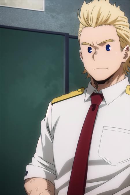 mirio, <lora:mirio-lora-nochekaiser:1>,
mirio, short hair, blonde hair, spiked hair,
BREAK shirt, school uniform, white shirt, necktie, collared shirt, belt, pants, red necktie, green pants, u.a. school uniform,
BREAK looking at viewer, upper body,
BREAK indoors, classroom,
BREAK <lyco:GoodHands-beta2:1>, (masterpiece:1.2), best quality, high resolution, unity 8k wallpaper, (illustration:0.8), (beautiful detailed eyes:1.6), extremely detailed face, perfect lighting, extremely detailed CG, (perfect hands, perfect anatomy),