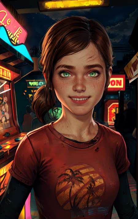 elliet1, green eyes,  brown hair, low ponytail, 
red shirt, dirty clothes,   long sleeves, 
upper body, standing, 
arcade room, neon lights, night, 
 looking at viewer, smile,
(insanely detailed, beautiful detailed face,beautiful detailed eyes, masterpiece, best quality),
 <lora:ellieT1:0.8>