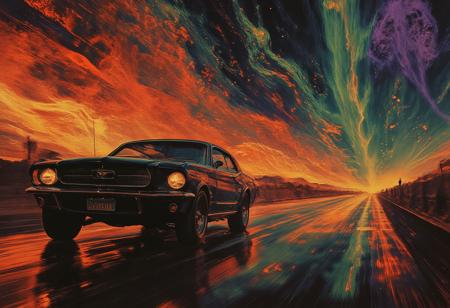 A sleek, dark vintage car speeding down a desolate highway, its form a silhouette against the breaking dawn. The road stretches infinitely into the horizon, glowing with streaks of vivid reds, electric purples, and fiery emerald that bleed into the sky, casting an ethereal glow over the surreal landscape. Directional light from the rising sun creates dramatic contrasts, illuminating swirling mist that clings to the ground and refracting into shimmering light particles suspended in the air.
The car’s headlights pierce through the haze, their beams leaving long trails of light in the motion blur that streaks across the scene. Motion lines and a subtle stereoscopic effect emphasize the speed, making the image pulse with energy. In the foreground, the muscle car gleams with sharp focus, its chrome accents catching the kaleidoscope of dawn's colors. The elongated shadows of the car stretch across the asphalt, which is etched with, arcane symbols glowing faintly, hinting at a deeper mystery.Above, the sky with vivid hues swirling like a painted canvas, creating a surreal juxtaposition against the gothic desolation of the road. A lone silhouette stands at the side of the highway, barely discernible, their form shrouded in mystery. The entire scene exudes symbolism—speed, freedom, and the fleeting passage of time—while the haunting beauty of the dawn suggests both an ending and a beginning. The motion and vivid colors pull the viewer into a dreamlike, cinematic moment frozen in time.