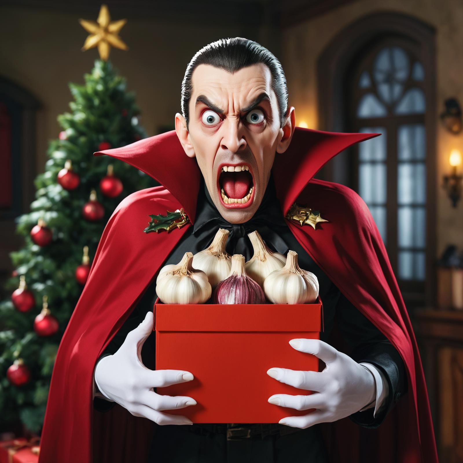 A cartoon vampire holding a red box filled with garlic and onions.