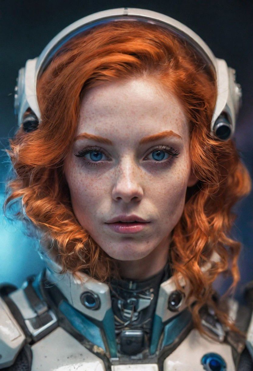 photo of a ginger woman, in space, futuristic space suit, (freckles:0.8) cute face, sci-fi, dystopian, detailed eyes, blue eyes