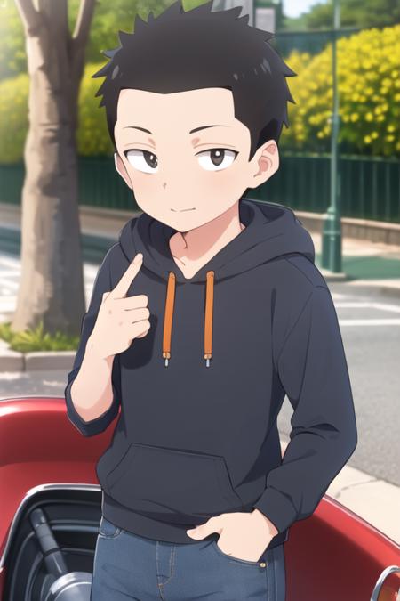 <lora:chi's_seatmate:0.7> chi's_seatmate, 1boy, solo, black eyes, dot pupils, black hair, short hair, orange shirt, jeans, outdoors, looking at viewer, sunlight, light smile, black hoodie, open clothes, hood down,