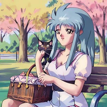 a picture of  a person <lora:ryoko1_2:1>, sitting on a park bench with a picnic basket, with a cat next to her