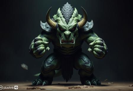 A single, central Gladiator Beast Dimacari, monstrous and predominantly green, full-body form/armor. Dynamic, assertive stance, arms bent, fists clenched, ready for battle. Large, menacing face with exaggerated features, prominent nose, wide angry eyes. Dark, defocused background with dramatic, captivating cinematic lighting. Photorealistic, 8k, intricate details, Octane Render, Unreal Engine 5, Splash Ink Illustration, CGSociety, Artstation trending, Golden Ratio composition.