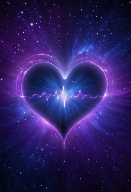 cosmic pulsing heartbeat motif minimalism, abstract simplified heart shape radiating energy waves, shimmering bokeh lights celestial stars nebulae textures, deep space background soft gradient transitioning purples blues, subtle glowing auras around central motif, clean lines smooth shapes, conveying mysteries of life universe through reductive concept