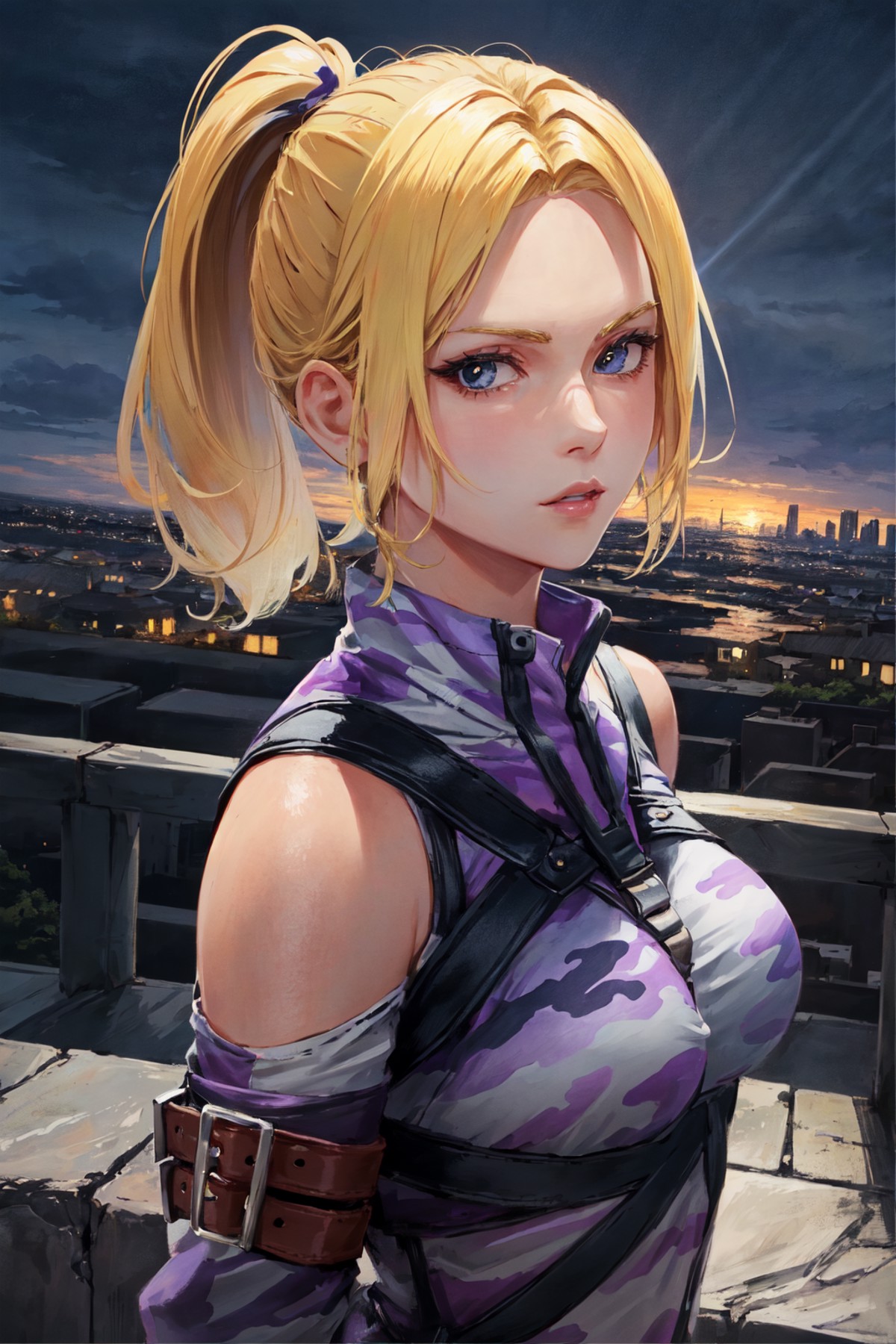 nina regular, 1girl, low ponytail, purple camouflage, solo, blonde hair, solo, detailed face, looking at viewer, cowboy sh...