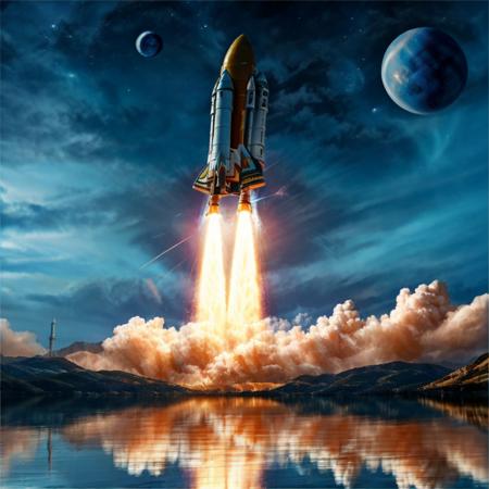 Rocket, reflection, lake, water, space, planet, no humans, ground vehicle, cloud, sky, flying, star_\(sky\), city, science fiction , super-reaslitic, 8k, best quality, moon,  <lora:rocketStart:0.95>