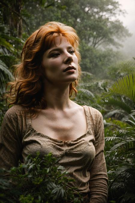 beauty ginger woman in jurassic jungle, jurassic park, heat, (skin texture:1.2), (high detailed skin:1.3), 19th century, ambient smoke, fog, (hyperrealism), cinematic, grain of old film, 8k uhd, dslr, retro color<lora:Mylene_Farmer_v2_640x960:0.85>