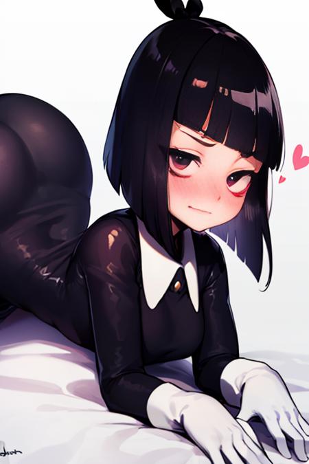 Susie, short hair, bags under eyes, right eye half closed, wavy mouth,  black eyeliner,  laying down, blush, heart bubble, thick butt,
SuDr, tight long  black dress with white collar, long sleeves, long white gloves, black hair ribbon, 
(insanely detailed, beautiful detailed face, masterpiece, best quality) <lora:Susie-10:0.8>