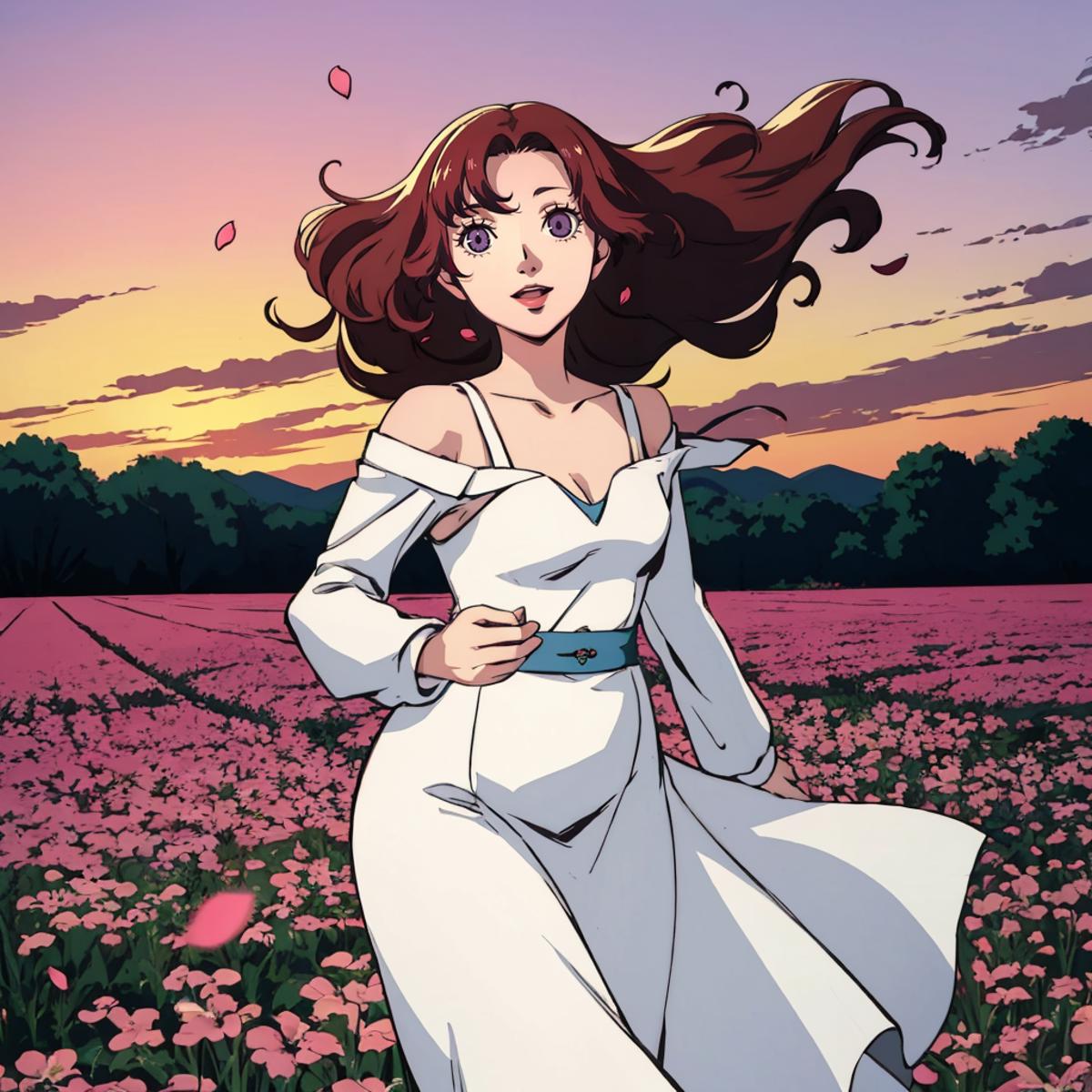 An anime character runs through a field of pink flowers.