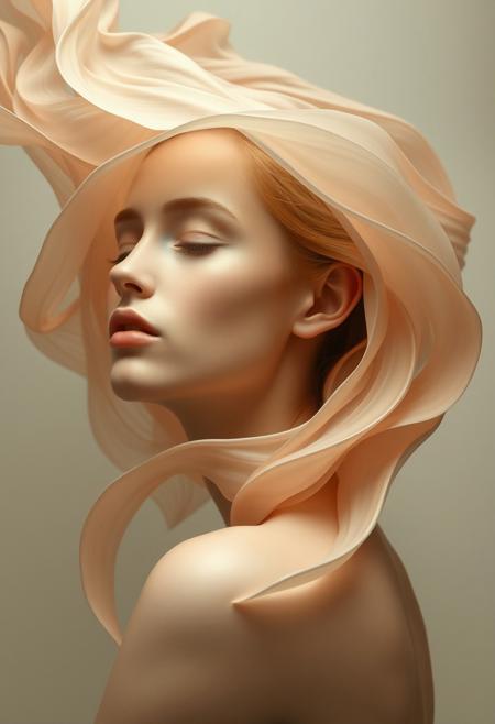 surreal abstract realism, flowing biomorphic shapes, luminous soft skin tones, delicate classical-inspired portraiture, dreamlike and poetic atmosphere, symbolic surrealism, muted elegant color palette, balanced organic movement