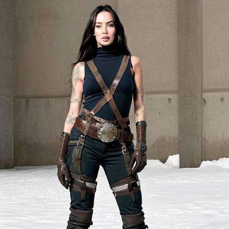 Megan Fox, shoulder armor, sleeveless turtleneck, suspenders, belt, baggy pants, gloves, bracer, boots