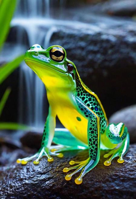 macro photo, a beautiful translucent glass dragon frog that glows within, glowing lights, beautiful waterfall , made out of multicolored transparent delicate glass, magical sparkles,vibrant whimsical colors <lora:ral-beer:1> made of ral-beer