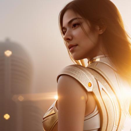 gradient, gradient background, long hair, star \(sky\), white, glow, warm, skin, sunlight, spaceship, bokeh, wearing brown and white robes, cyberpunk city, 