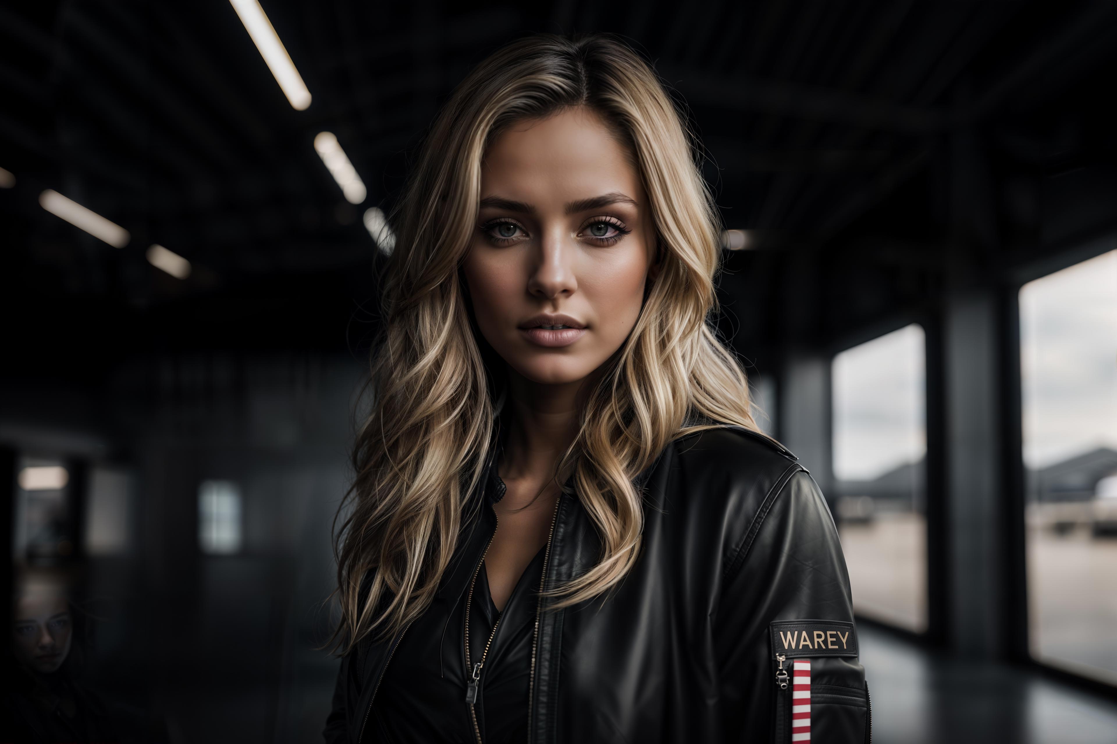 A blonde woman with a leather jacket and blue eyes.