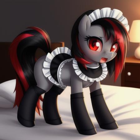 feral pony, portrait, ((bedroom)), ((maid outfit)) (masterpiece), (raytracing), (cinematic lighting), triadic lighting, High Definition, light particles, (shading), ((((smooth bug shell)))), red glowing clear eyes ((shiny dark gray pony body)), (((glowing clear red eyes))), ((pony)), ((long wavy black hair)), ((four hooves)) female, mare, {my little pony}, NSFW, (((pussy))), (((ass))), blush ((black tail)), (((cute))), (((Explicit))) (((pony))), ((sexy)) ((small red highlights))