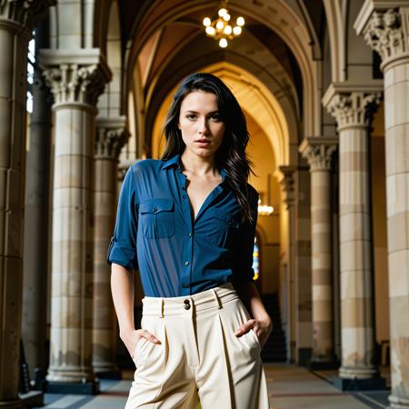 Rebecca Raven, RAW full body analogue photo of a beautiful 25 years old woman with dark hair, clear focus, high resolution image, <lora:Rebecca_Raven_SDXL:1.0>,perfect face, sexy pose, wearing a chic button-up shirt paired with flowy culottes, matched with comfortable slip-on sneakers for a relaxed vibe, perfect eyes, detailed eyes, detailed iris, realistic skin, absolute perfect tits, soft tits, natural tits, ,high quality, film grain, Fujifilm XT3, 8k uhd, dslr, film grain, kodak tri-x 400 film, grain photo DOF, faint lighting, dynamic angle, cinematic, Depth of field, bokeh, best quality, cinematic, light particles, highly_detailed, very_aesthetic, golden hour, beautiful_and_aesthetic ,Sexy pose, erotic pose, exhibitionism ,Gothic cathedral