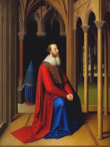 <lyco:JanVanEyck:1.0> An oil painting by Jan Van Eyck of a man is sitting on a bench and looking at the void with his hands on his knees