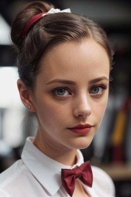 photo of a woman, kayascod,((hair up, hair in bun):1.1) ((bowtie, white shirt):1.2), ((closeup, portrait)),((garage, tools, workbench):1.2),((red lipstick, eyeliner, eye shadow, blush)), ((best quality, masterpiece, extreme details, high resolution):1.2),((detailed eyes, beautiful eyes, detailed face, beautiful face):1.2)