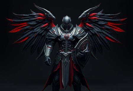 A dark fantasy Matte Painting rendered in Houdini Style and Grammer Effect, featuring a grimdark armored figure positioned center frame against a deep dark gray backdrop. The figure possesses an aura of overwhelming power, encased in highly detailed black armor accented with vivid red, and a helmet with a hidden visor. Expansive black wings with touches of red signify its otherworldly nature. A battle-ready sword is in the right hand, and a defensive shield in the left. This is a High-res, 4K, Exceptional Quality image with More Detail, Lifelike Details, Super Detailed Face and Eyes and Clothes (armor intricacies), Handcrafted with Precision, High Quality, Sharp Lines and Brush Strokes, Stunning Colors, Harmonious Colors, Multi Colored tones, Contemporary Aesthetics, Impeccable Composition, Creative Angle, Attractive Background, Balanced Editing, Intentional Focus, Well-timed Moment. The view is Isometric, capturing a Dynamic Action Pose with Captivating Lighting, rendered with an Octane Render approach, achieving Vivid Emotions and a Powerful Message, with Beautiful Detailed Eyes (as part of the detailed aesthetic). Inspired by CGSociety and trending on ArtstationHQ, composed according to the Golden Ratio.