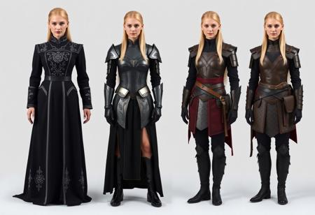 The image represents three variants of women's clothing, presumably uniforms or costumes for a elf epic fantasy film.
On the left: A formal uniform - a long black-colored dress with silver embroidery and decorative elements.
In the center: An elite uniform - a combination of armor (cuirass, bracers) with an black skirt that opens one leg.
On the right: The armor of an Elite warrior is a combination of a vest, shirt, trousers and high boots, complemented by belts, a bag and gloves.
All three clothing options are shown on the same female figure with the same hairstyle. She is blonde european. There is no interaction between objects, no actions take place. Context is the presentation of various costume options, perhaps for a , movie. Photography studio style