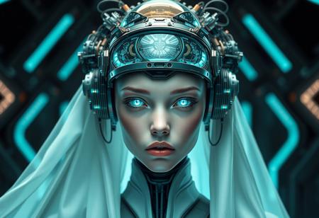 The image depicts a striking futuristic figure, blending elements of technology and organic beauty. has a distinctly human face, with flawless, pale skin and sharp, delicate features. Her eyes are glowing with an otherworldly turquoise light, matching the technological elements integrated into her appearance, suggesting she might be a highly advanced cyborg or artificial being.The headpiece she wears is a complex array of mechanical components, adorned with metallic circuits, wires, and luminescent details. The central part of the headgear is dome-shaped, transparent, and filled with intricate technological designs. She is also wearing a flowing white veil, which contrasts with the mechanical elements of her appearance. The veil drapes softly around her head and shoulders, giving her an almost regal or priestess-like presence, as if she exists in a ceremonial or spiritual role within a high-tech civilization.The background is dark and futuristic, featuring glowing turquoise lights and an industrial, high-tech aesthetic, suggesting she resides in a highly advanced and possibly dystopian world. The overall design of the character evokes a sense of serenity and power, with a perfect blend of humanity and machine in a highly stylized, cyber-fantasy setting.