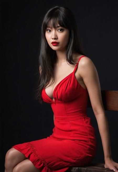 beautiful Indian woman, perfect face, jawline, thin face, white skin, fit body, medium round breasts, perfect face, long hair with bangs,  
full body, red lips, stunning red dress, cleavage, sitting on a bench in a a dark studio, pitch black background, only one light is right over her head, leg crossed, looking straight at viewer, 
intricate details,