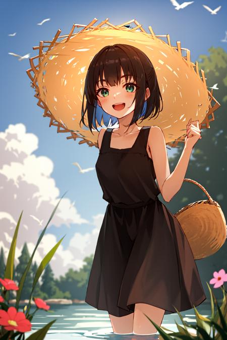 1girl, hat, dress, green_eyes, solo, blurry, bird, depth_of_field, open_mouth, outdoors, blurry_foreground, straw_hat, day, brown_hair, grass, breasts, looking_at_viewer, blurry_background, skirt_basket, long_hair, sleeveless, white_dress, blush, sleeveless_dress, collarbone, smile, bare_shoulders, food, bangs, flower, medium_breasts, standing, skirt_hold, water, wading, bare_arms, small_breasts, sundress, sun_hat, tree, animal, holding, fruit, wet, :d, plant, feet_out_of_frame, eyebrows_visible_through_hair, leaning_forward, sunlight, sky, blue_sky  <lora:style_shirabiiT0:1.0>