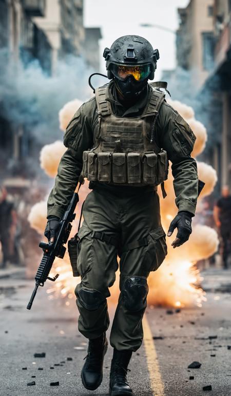 Dynamic angle close-up shot of a young soldier dressed in army gear rushing through a street with motion blur, noir, (alien apocalypse in background, chaos, explosions, sparks, reflections, shattered glass, smoke, thick air:1.3), cinematic look, film, breathtaking photograph, award-winning, professional, dlsr, dramatic light, highly detailed . 35mm photograph, 4k, vivid colors, focus stacking, shot on hasselblad, split lighting, extreme colors, <lora:add-detail-xl:1>, <lora:SDXLHighDetail:0.5>