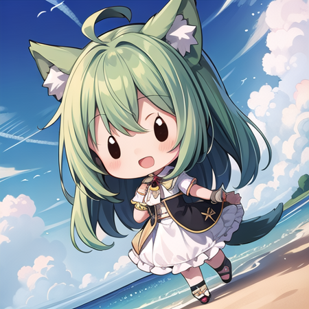 <lora:hotarueye_comic14_v100:1>, 1girl, (chibi:1.4), smile, open mouth, dynamic angle, standing, animal ear, green hair,