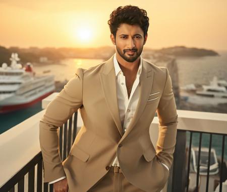 Nautical-themed (Photo:1.3) of (Ultrarealistic:1.3) <lora:Man_Men_FFashion:1> mahesh babu a man <lora:Rohit-Saraf_Mahesh-Babu:1> in a tan suit standing on a balcony, sun behind him, inspired by Pablo Munoz Gomez, shot at golden hour, editorial photograph, midshot of a hunky, by Roman Bezpalkiv, by Artur Tarnowski, maxim sukharev, by Gabor Szikszai,Highly Detailed,(Mono Color:1.3) . Sea, ocean, ships, maritime, beach, marine life, highly detailed